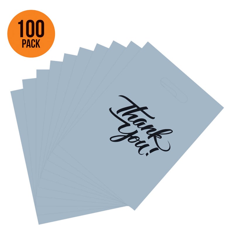 Infinite Pack 100Pcs Thank You Merchandise Bags, Extra Thick 2.35Mil 12"x15" Silver Retail Plastic Shopping Bags for Small Business Stores Boutique Clothes, Reusable Gift Bags Plastic Bags with Handle - Image 3